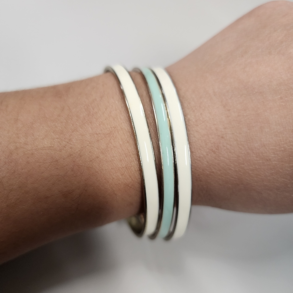 3 Enamel Bangle Bracelets Thin Silver-Tone & White/Mint Green Stackable Bangles